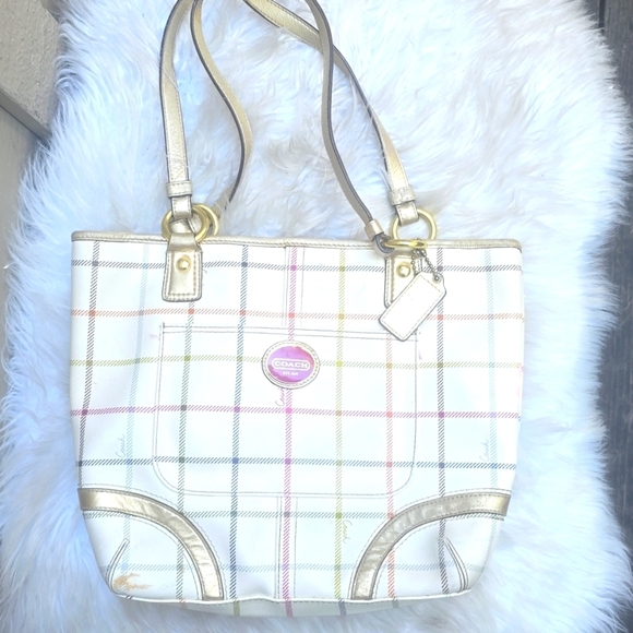 COACH WHITE PLAID HERITAGE TATTERSAL BAG PURSE TOTE No.K1173-F19174 - Picture 3 of 17